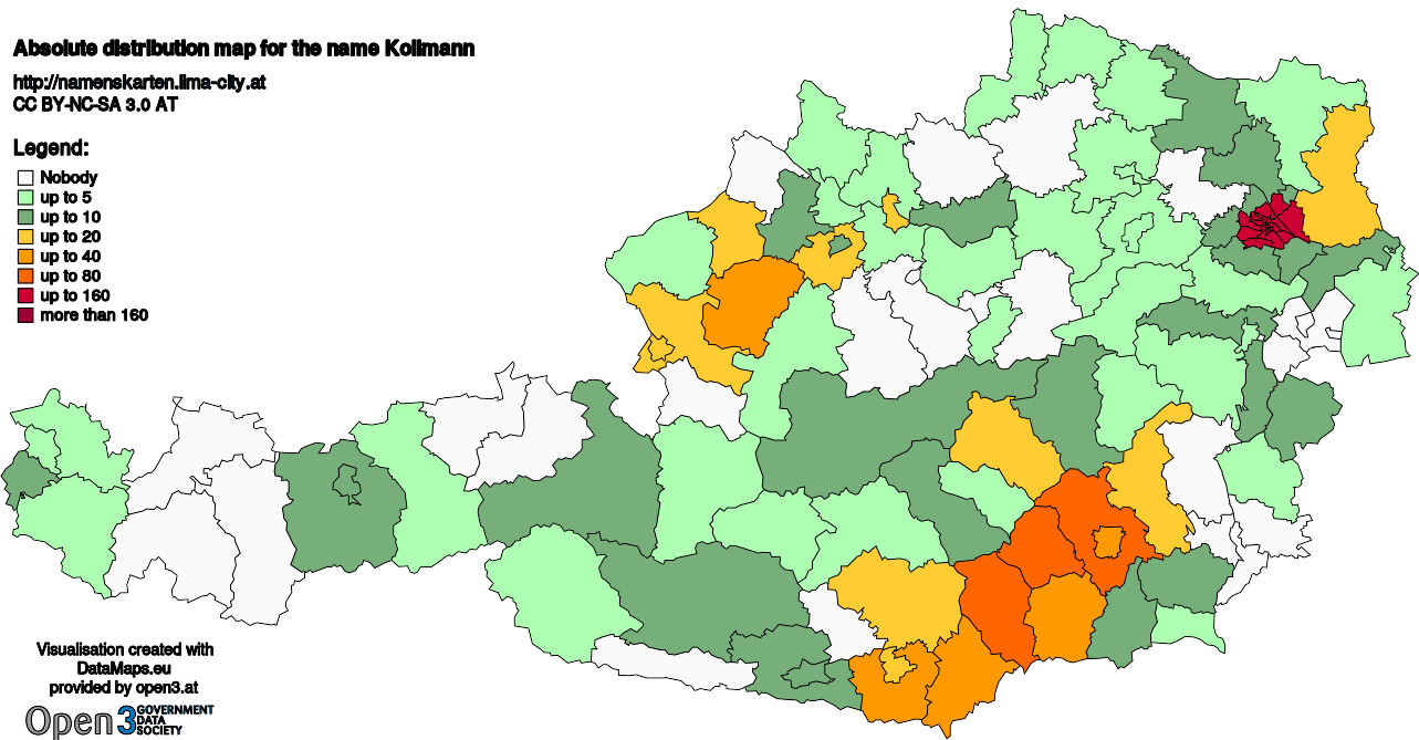 Absolute Distribution maps for surname Kollmann