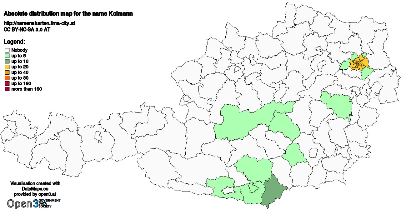 Absolute Distribution maps for surname Kolmann