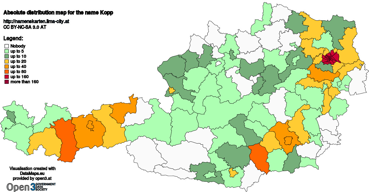 Absolute Distribution maps for surname Kopp