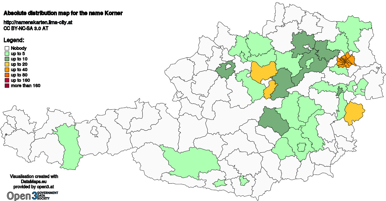Absolute Distribution maps for surname Korner