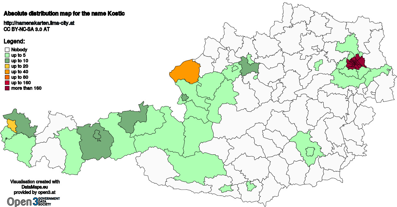 Absolute Distribution maps for surname Kostic