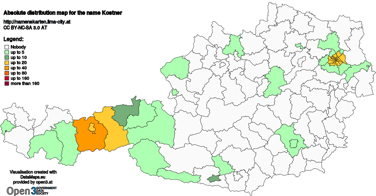 Absolute Distribution maps for surname Kostner