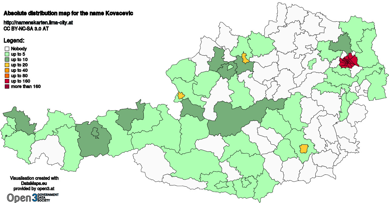 Absolute Distribution maps for surname Kovacevic