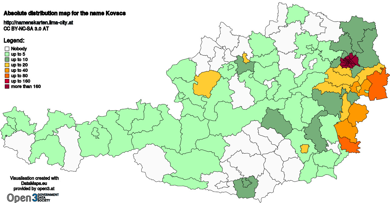 Absolute Distribution maps for surname Kovacs