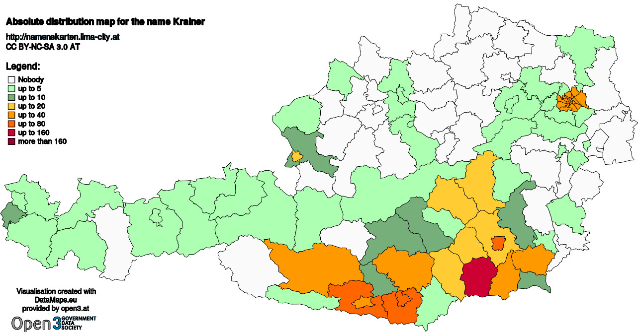 Absolute Distribution maps for surname Krainer