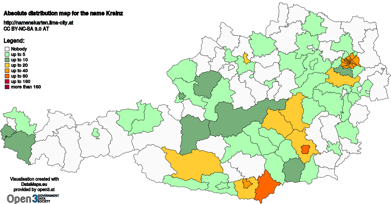 Absolute Distribution maps for surname Krainz