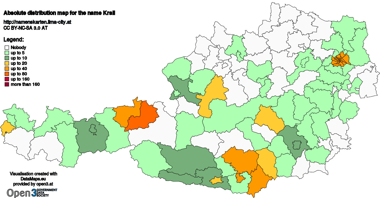 Absolute Distribution maps for surname Krall