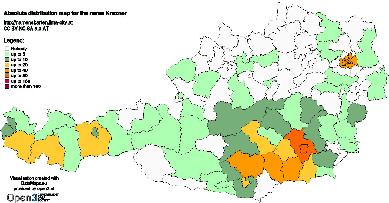 Absolute Distribution maps for surname Kraxner