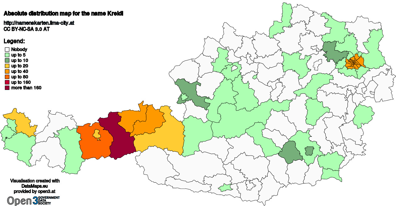 Absolute Distribution maps for surname Kreidl