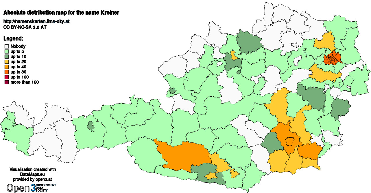 Absolute Distribution maps for surname Kreiner