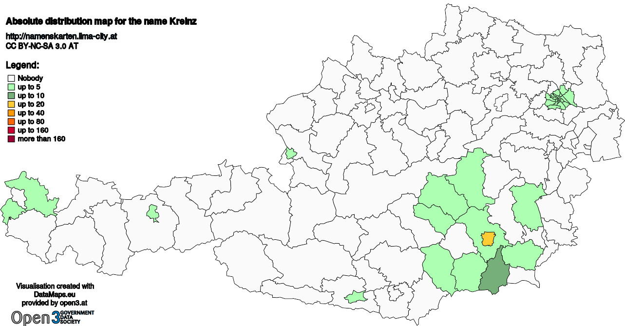 Absolute Distribution maps for surname Kreinz