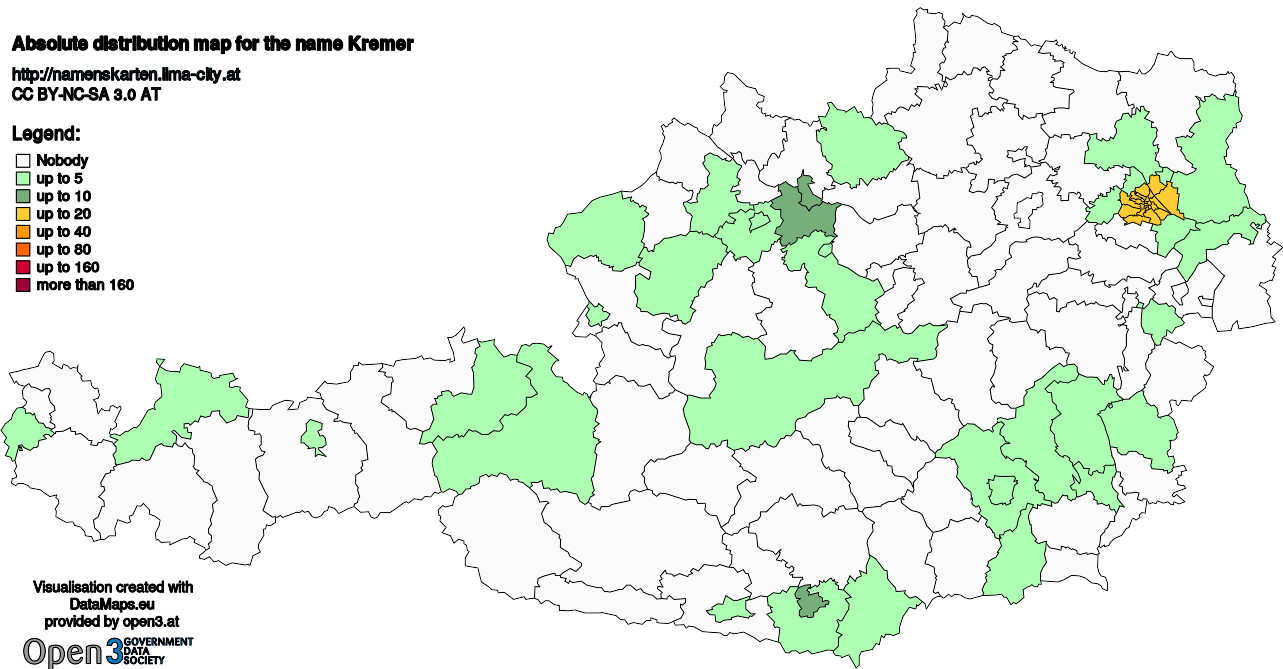 Absolute Distribution maps for surname Kremer