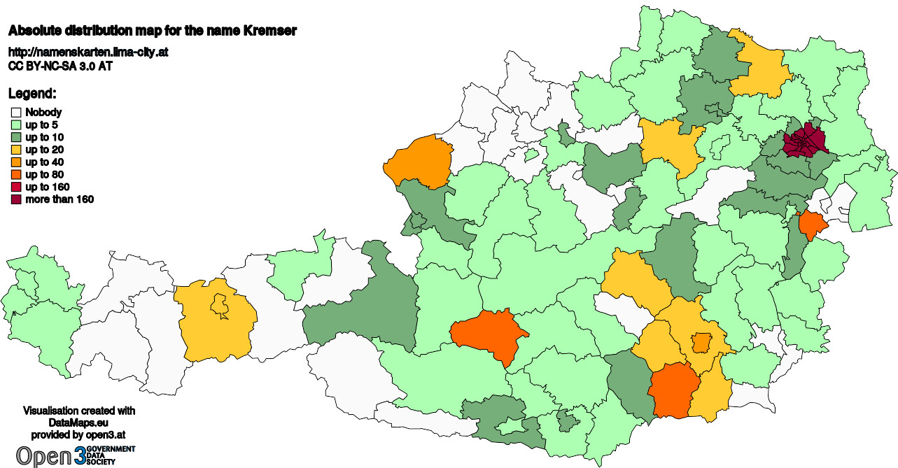 Absolute Distribution maps for surname Kremser