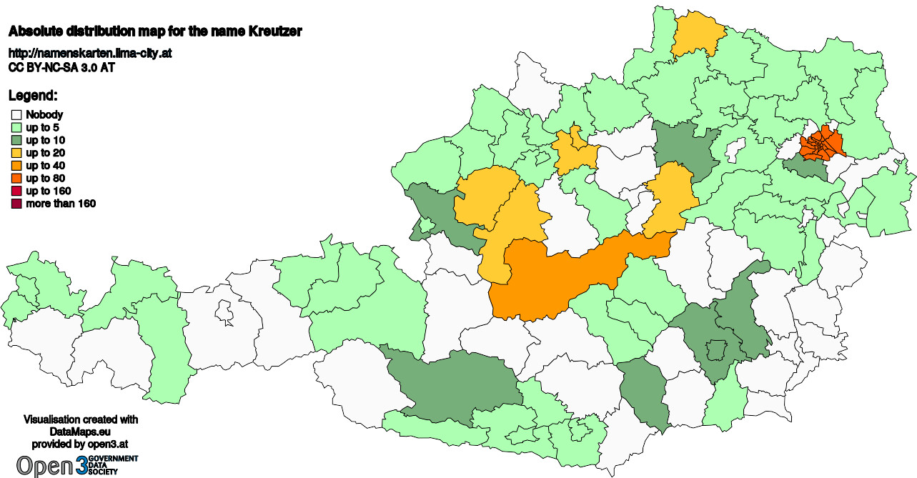 Absolute Distribution maps for surname Kreutzer