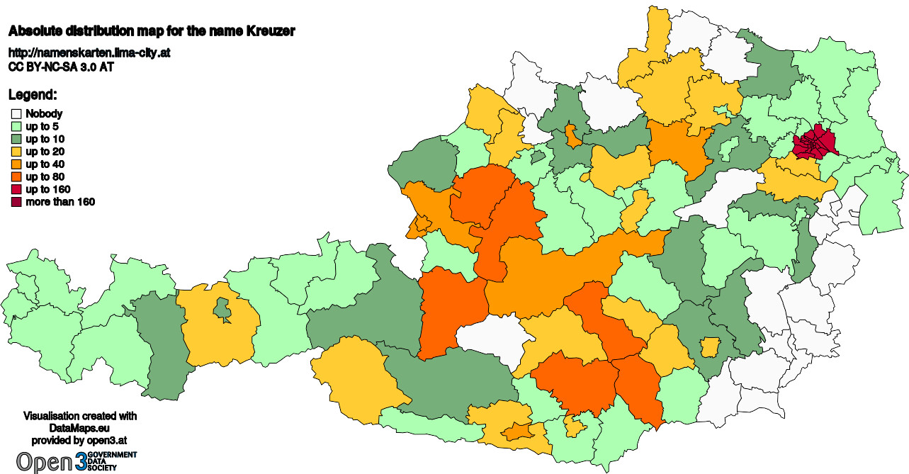 Absolute Distribution maps for surname Kreuzer