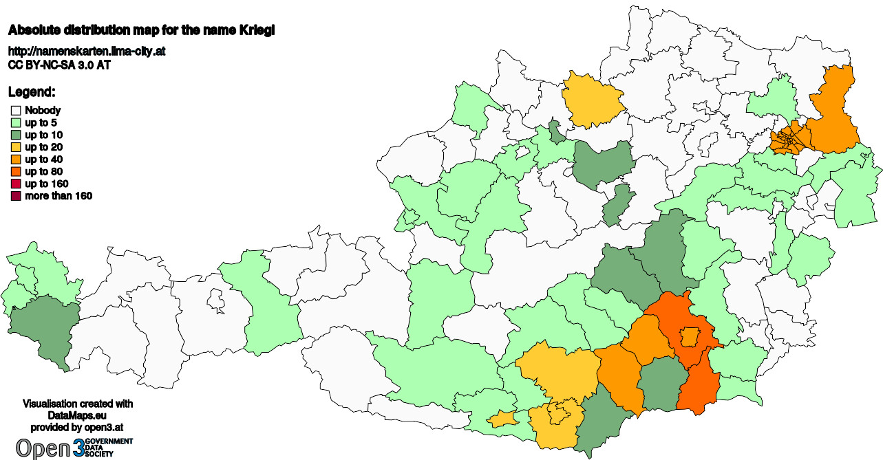 Absolute Distribution maps for surname Kriegl