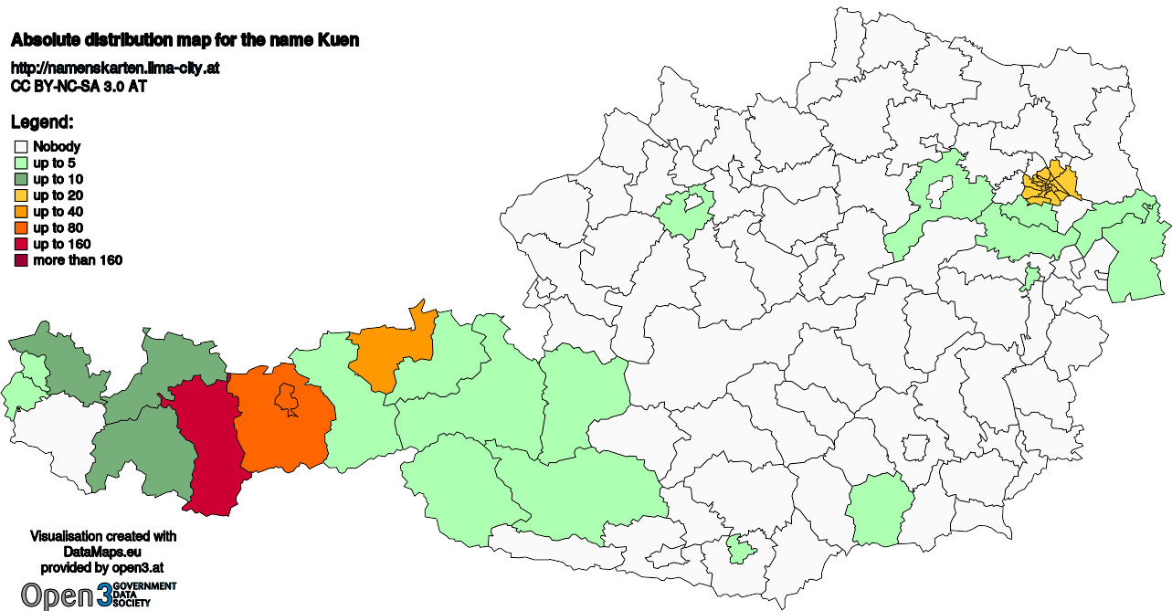 Absolute Distribution maps for surname Kuen