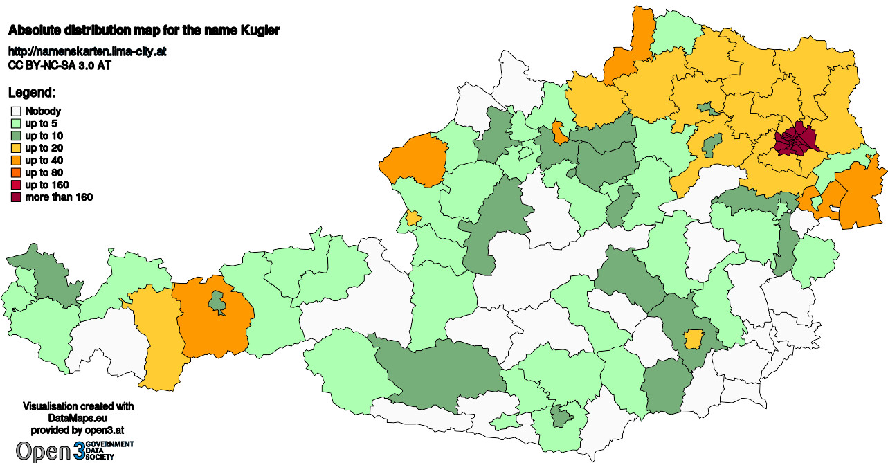 Absolute Distribution maps for surname Kugler