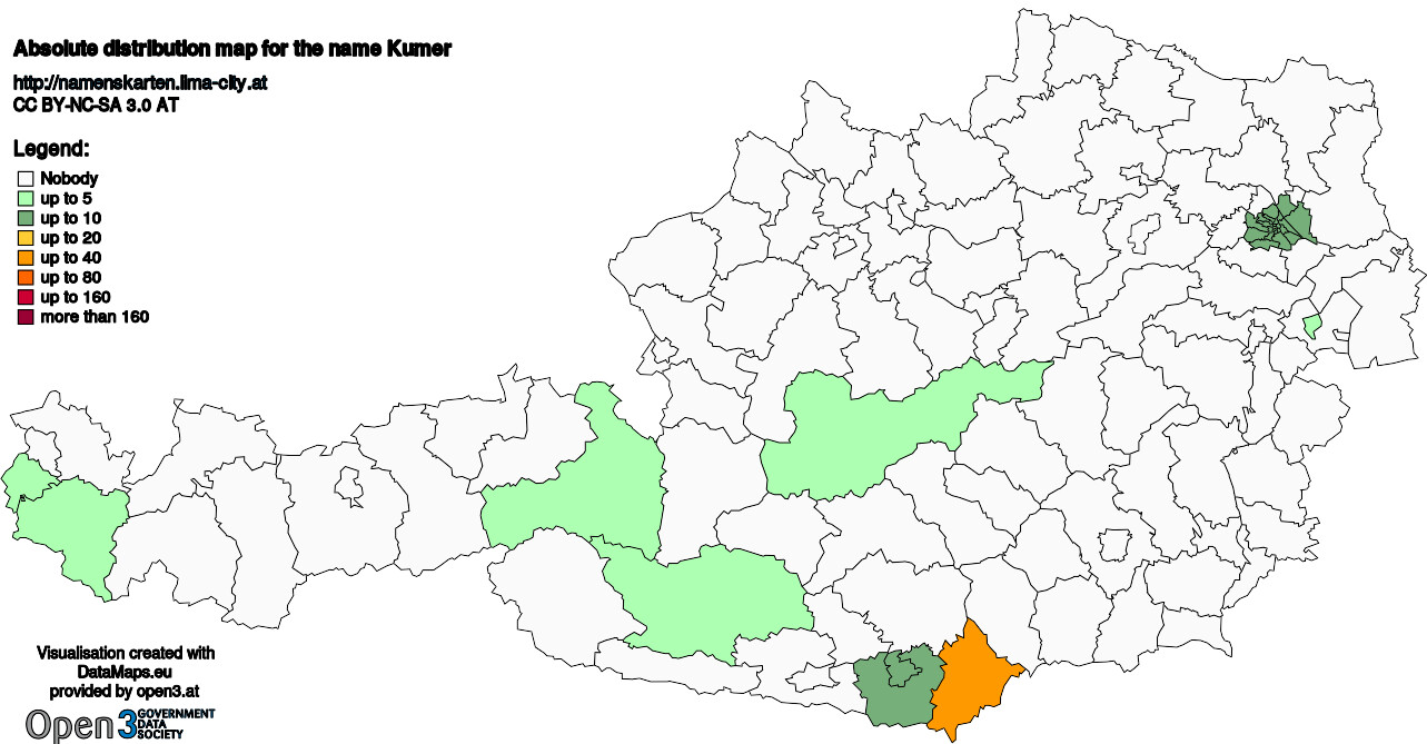 Absolute Distribution maps for surname Kumer