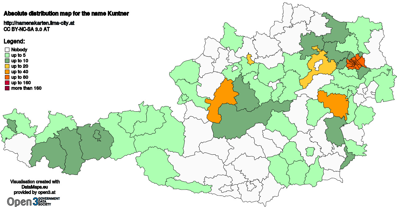 Absolute Distribution maps for surname Kuntner