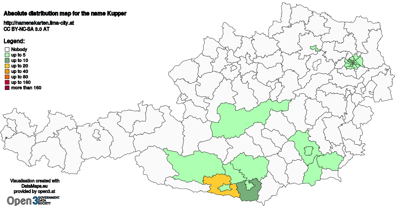 Absolute Distribution maps for surname Kupper