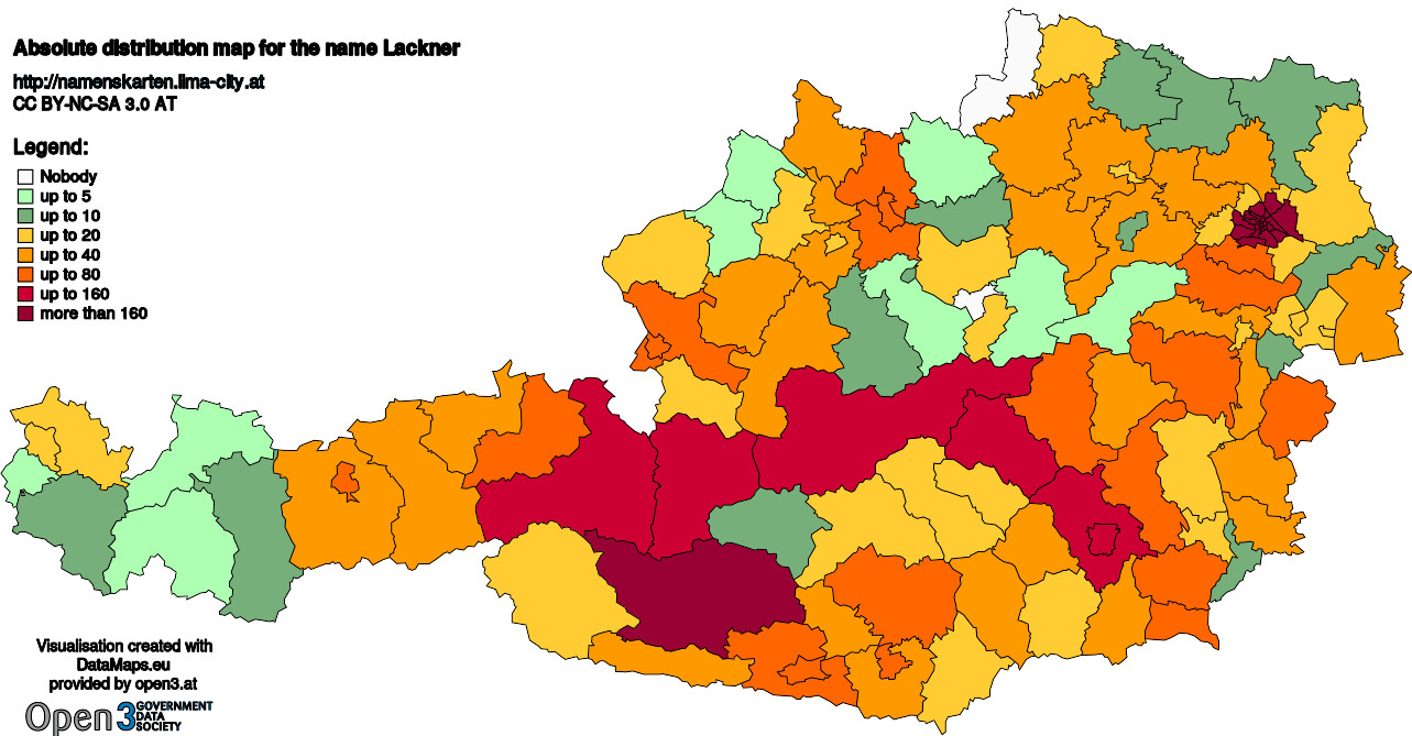Absolute Distribution maps for surname Lackner