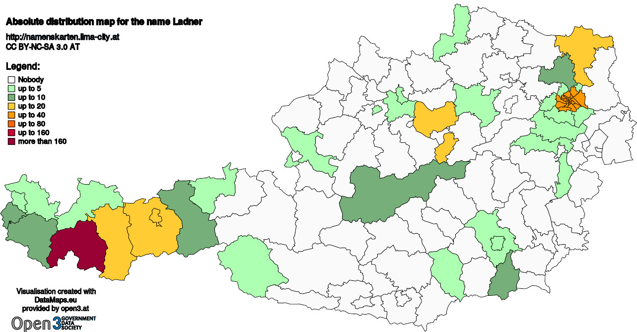 Absolute Distribution maps for surname Ladner