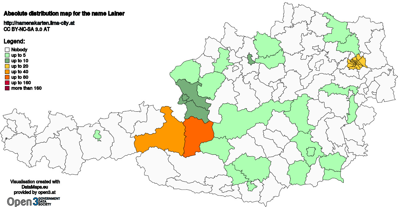 Absolute Distribution maps for surname Lainer