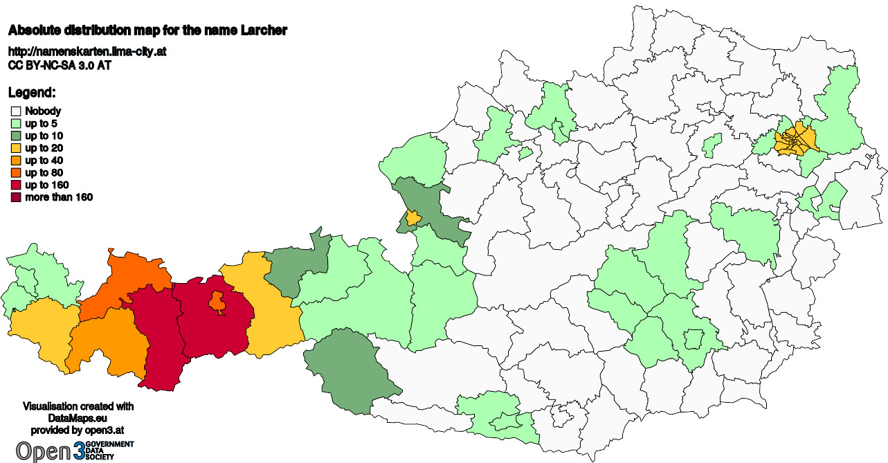 Absolute Distribution maps for surname Larcher