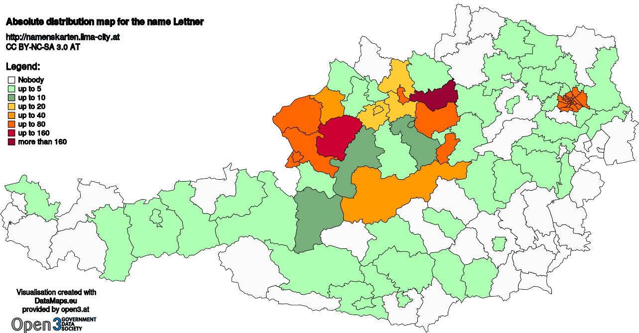 Absolute Distribution maps for surname Lettner