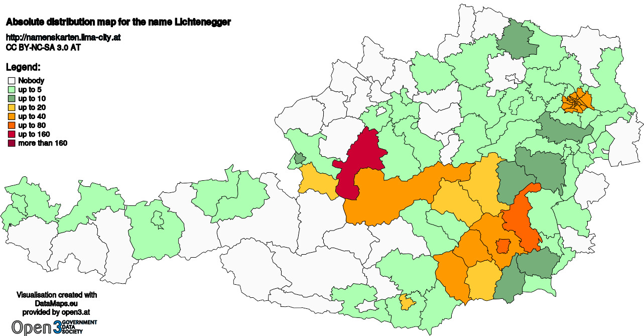 Absolute Distribution maps for surname Lichtenegger