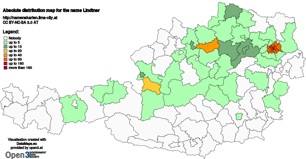 Absolute Distribution maps for surname Lindtner