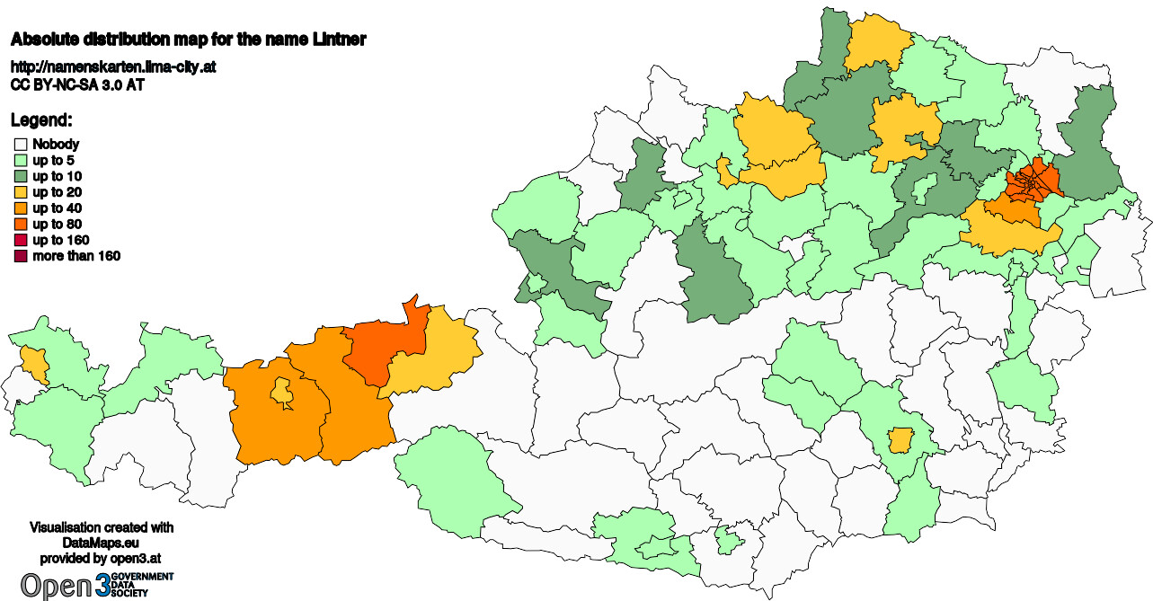 Absolute Distribution maps for surname Lintner