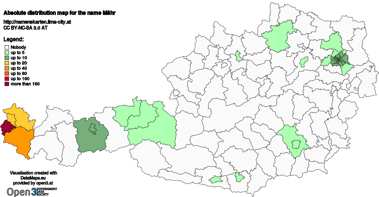 Absolute Distribution maps for surname Mähr