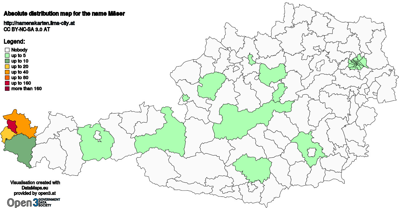 Absolute Distribution maps for surname Mäser