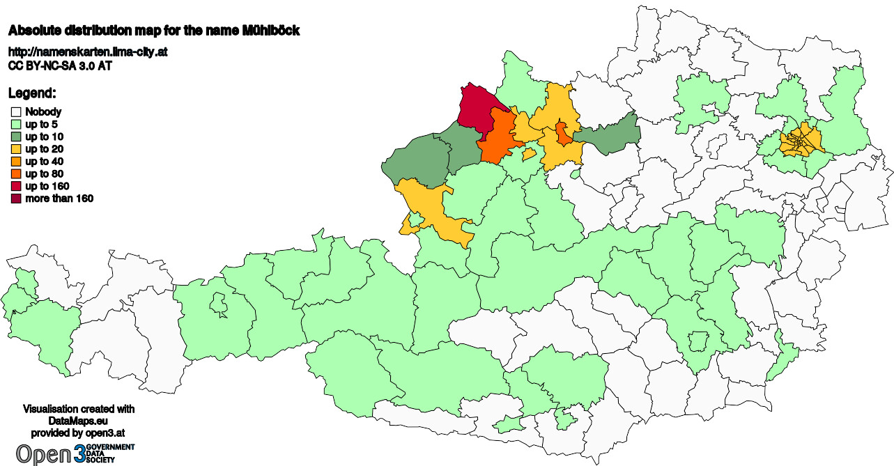 Absolute Distribution maps for surname Mühlböck