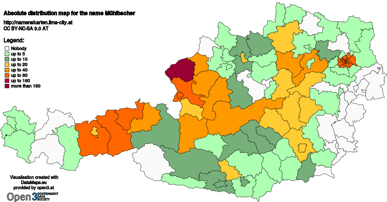 Absolute Distribution maps for surname Mühlbacher