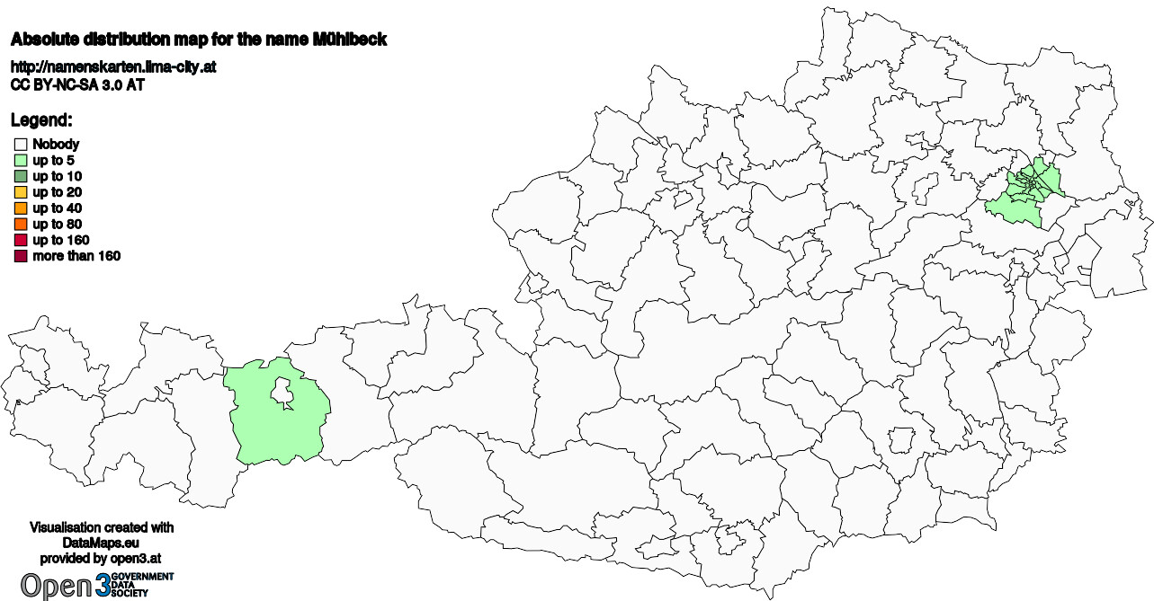 Absolute Distribution maps for surname Mühlbeck