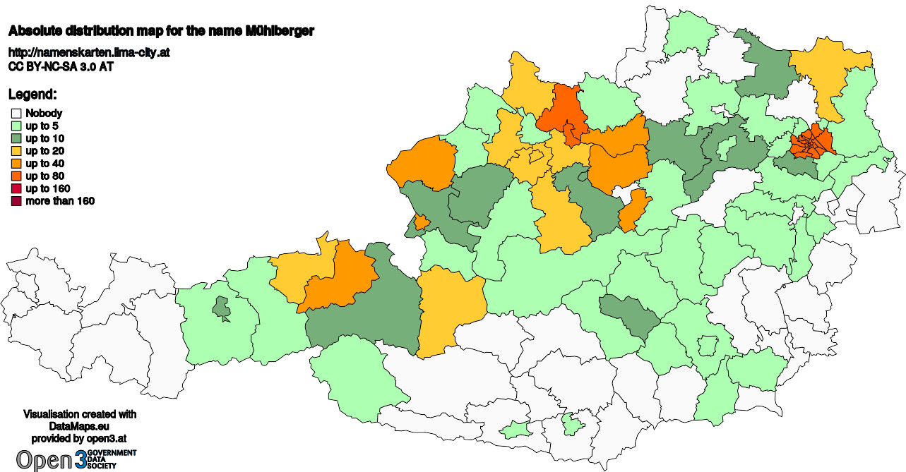 Absolute Distribution maps for surname Mühlberger