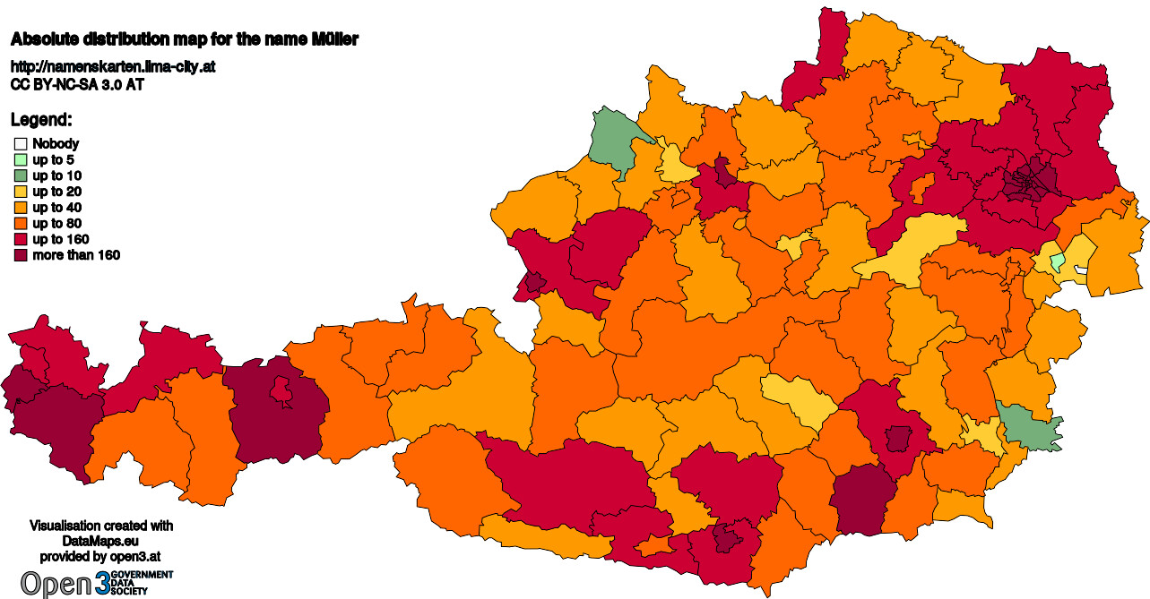 Absolute Distribution maps for surname Müller