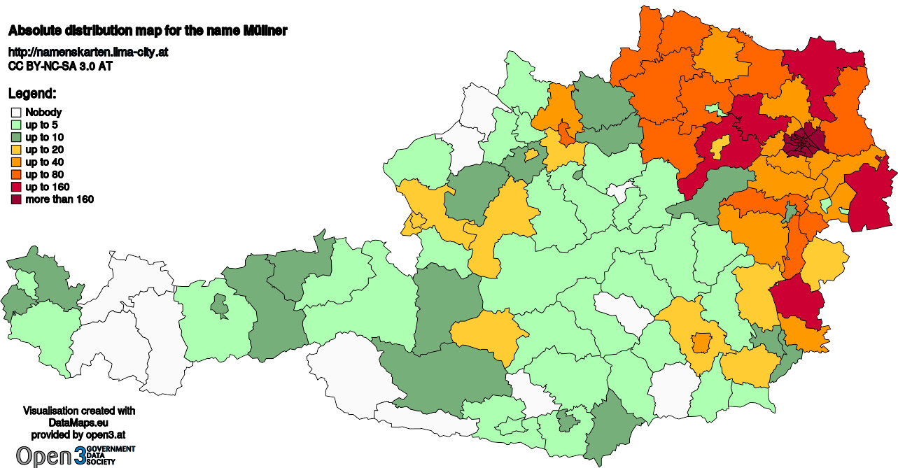 Absolute Distribution maps for surname Müllner