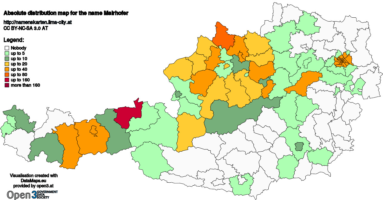 Absolute Distribution maps for surname Mairhofer