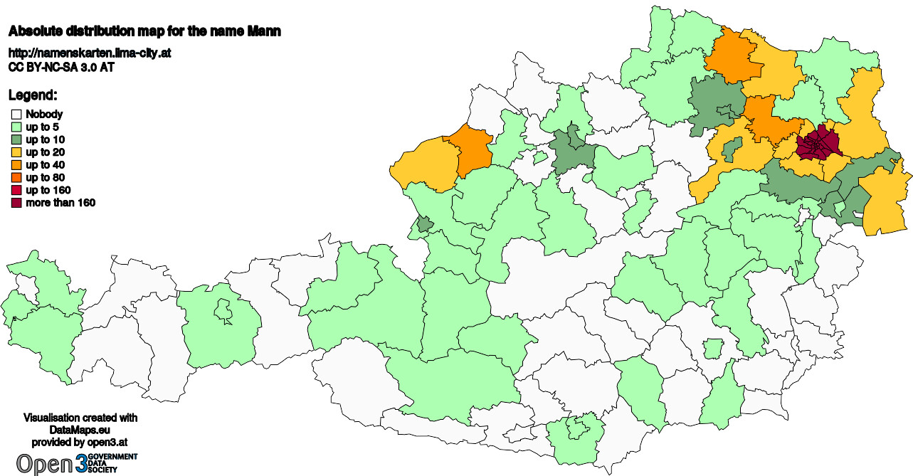 Absolute Distribution maps for surname Mann