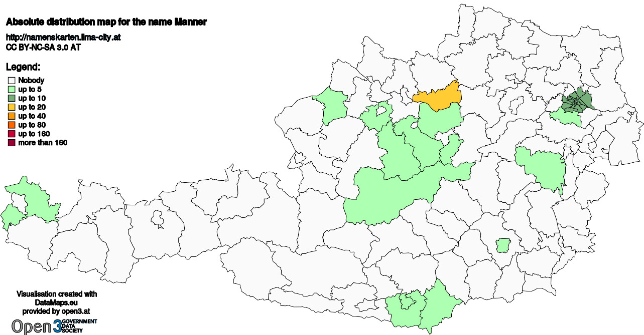 Absolute Distribution maps for surname Manner