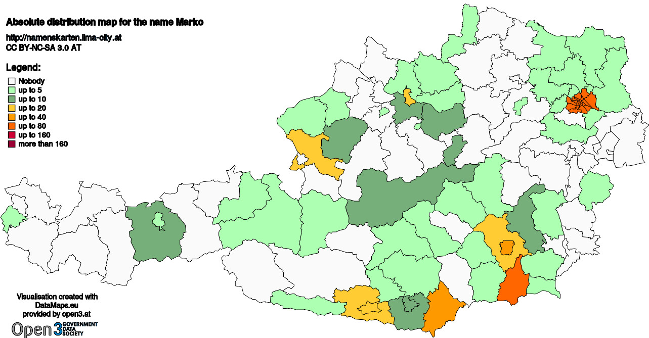 Absolute Distribution maps for surname Marko