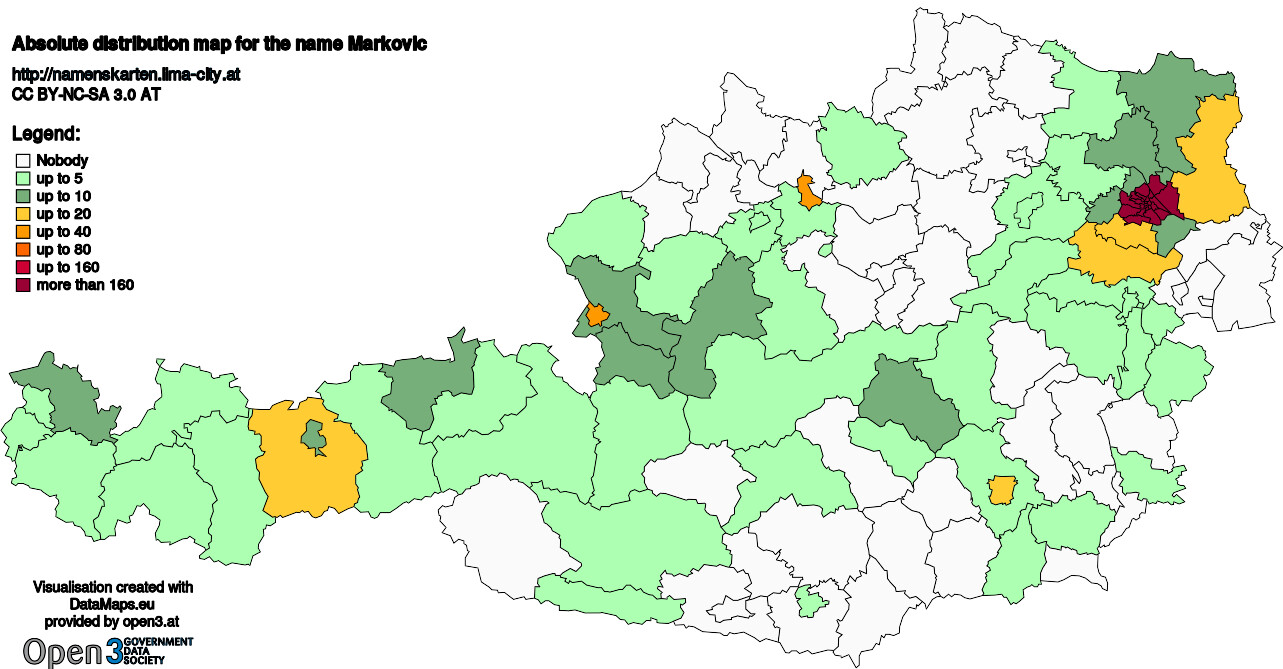 Absolute Distribution maps for surname Markovic