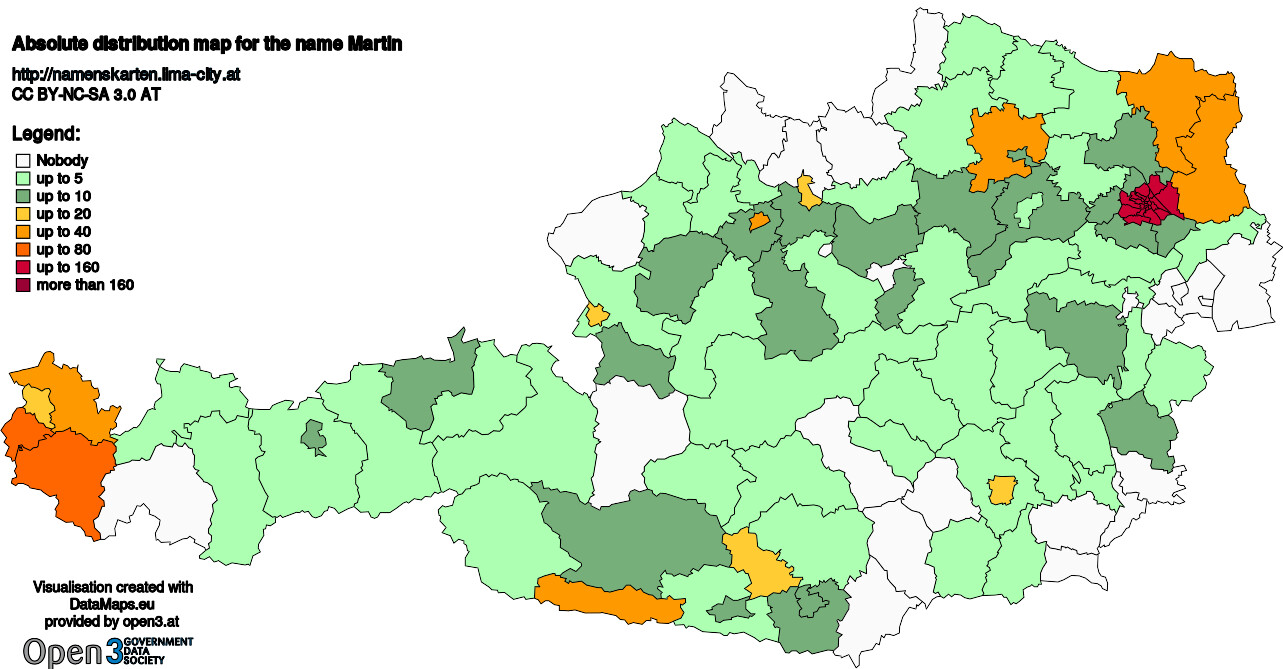 Absolute Distribution maps for surname Martin