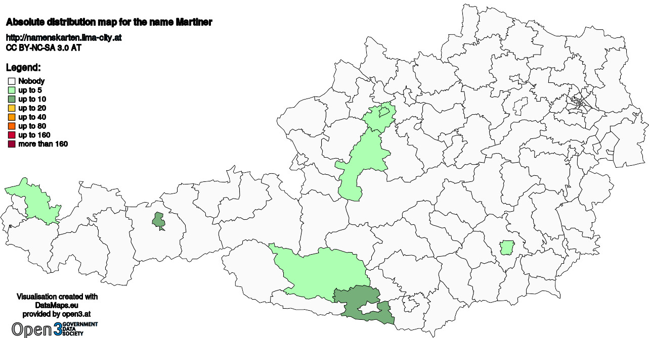 Absolute Distribution maps for surname Martiner