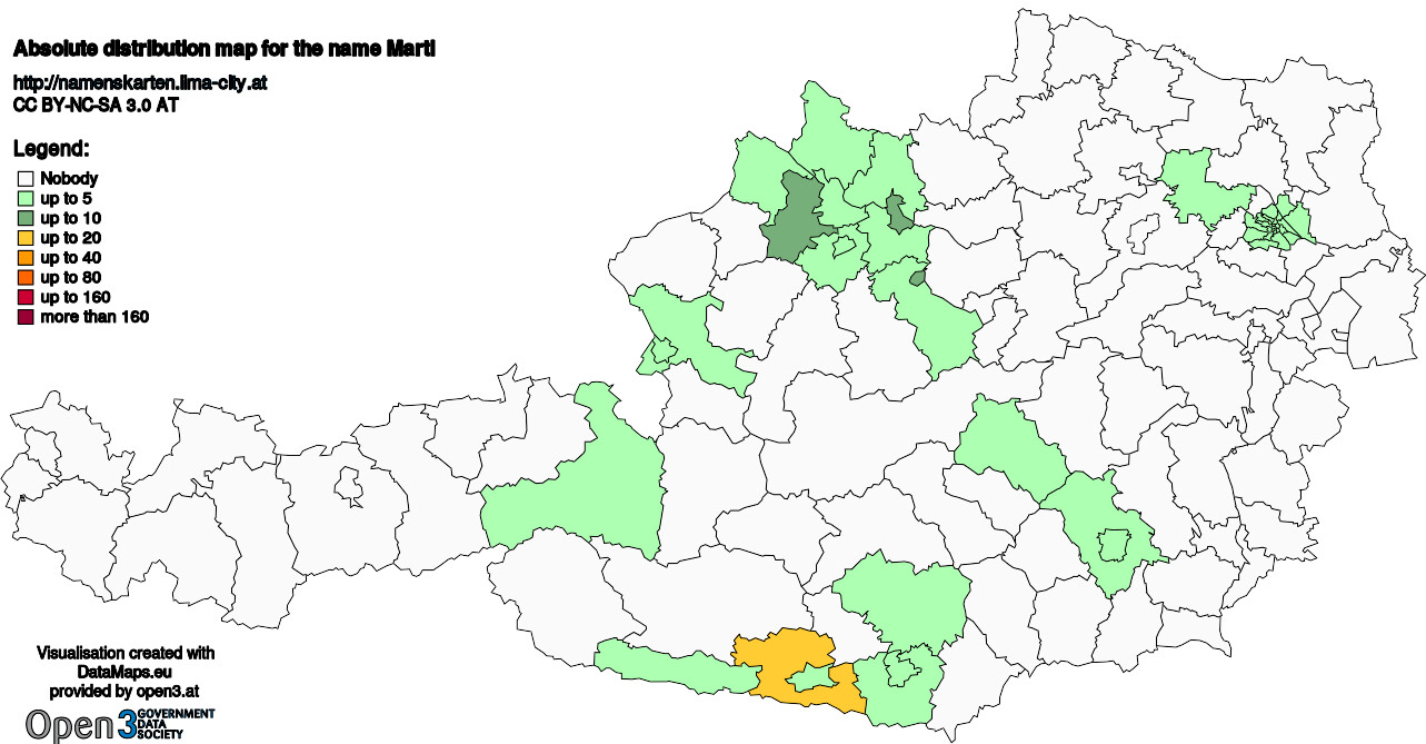 Absolute Distribution maps for surname Martl