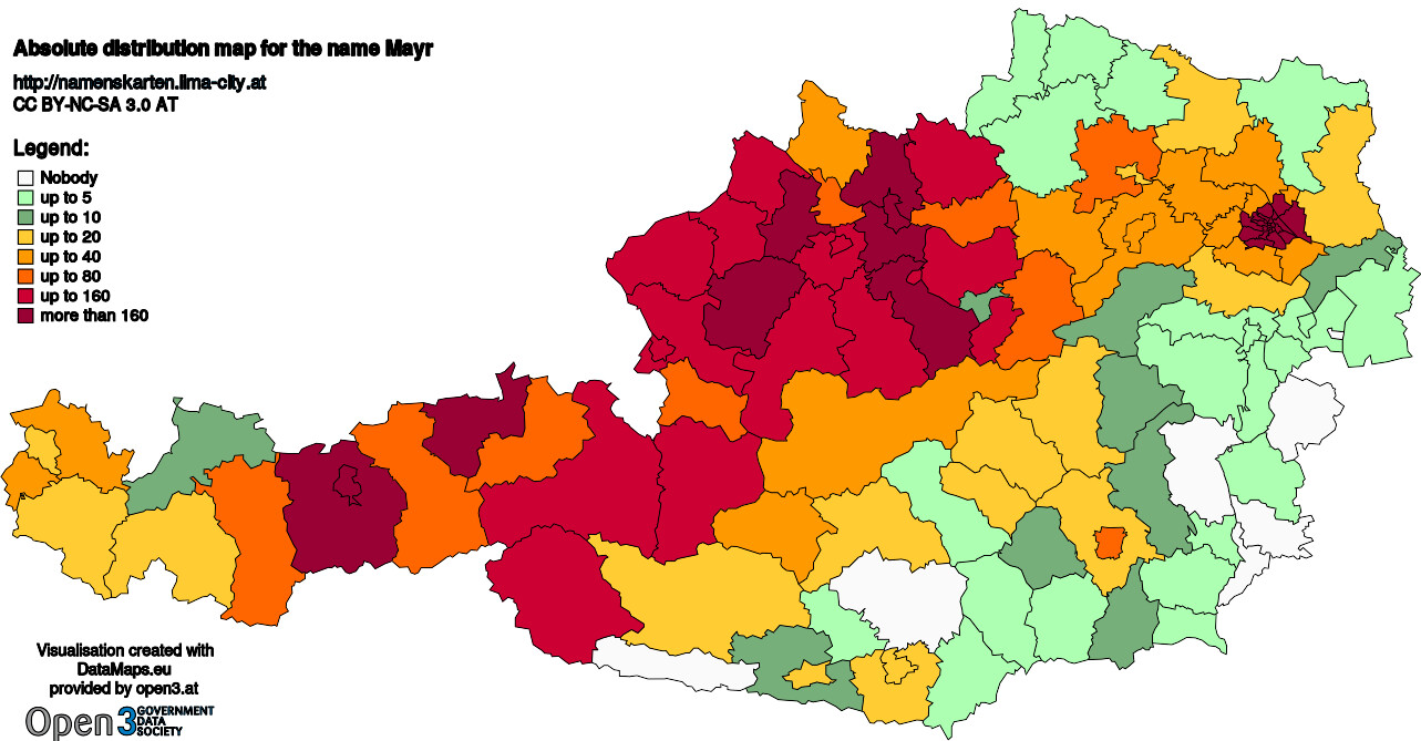 Absolute Distribution maps for surname Mayr
